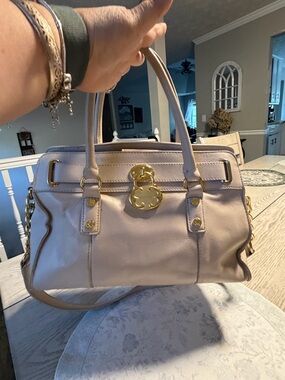 Emma Fox Designer-Inspired Cream Leather Satchel with Gold Hardware